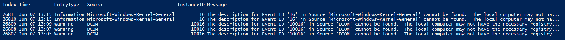 display system event log in tabular format with format-table